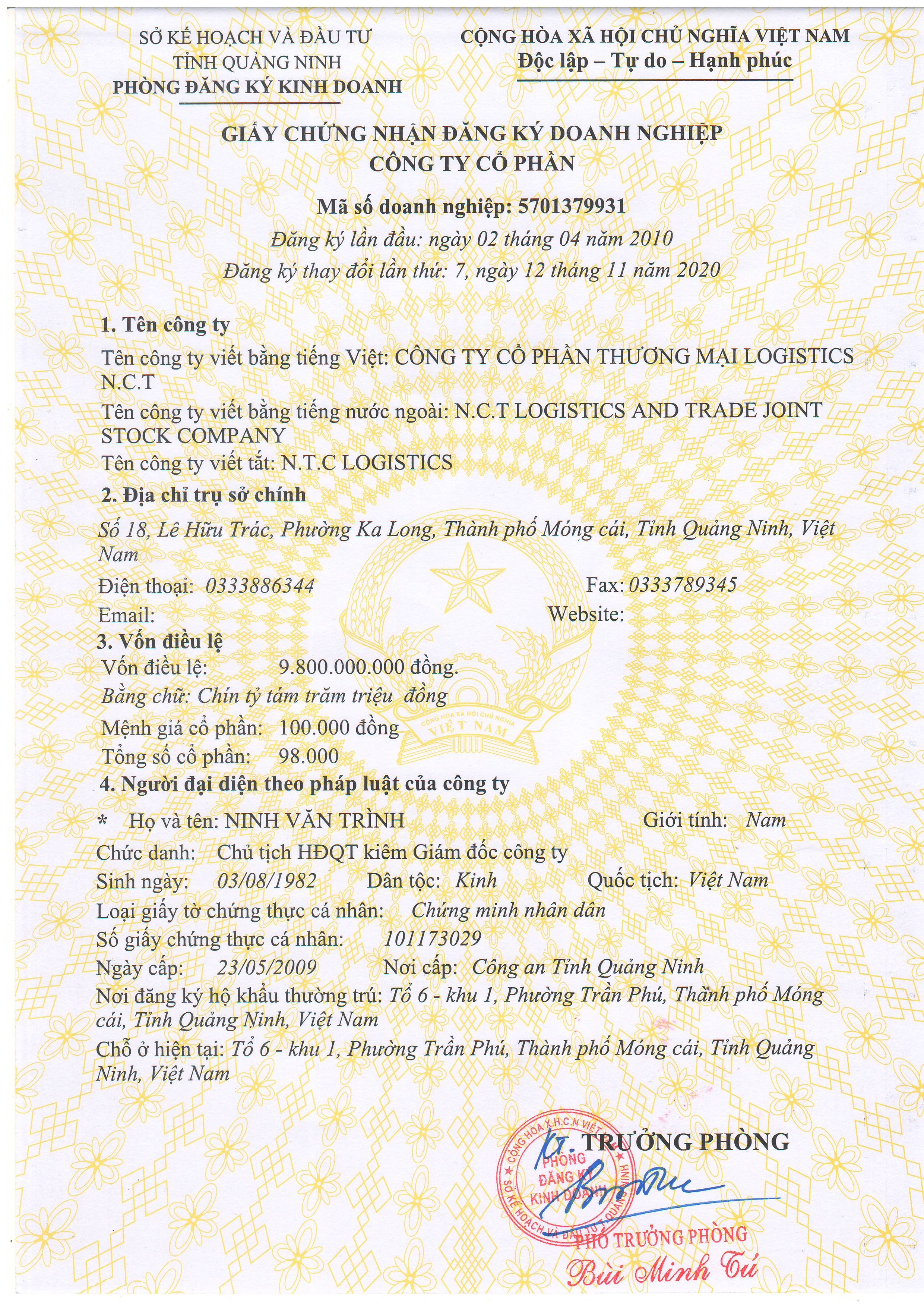 Giấy phép kinh doanh Công ty Cổ phần Thương mại Logistics N.C.T